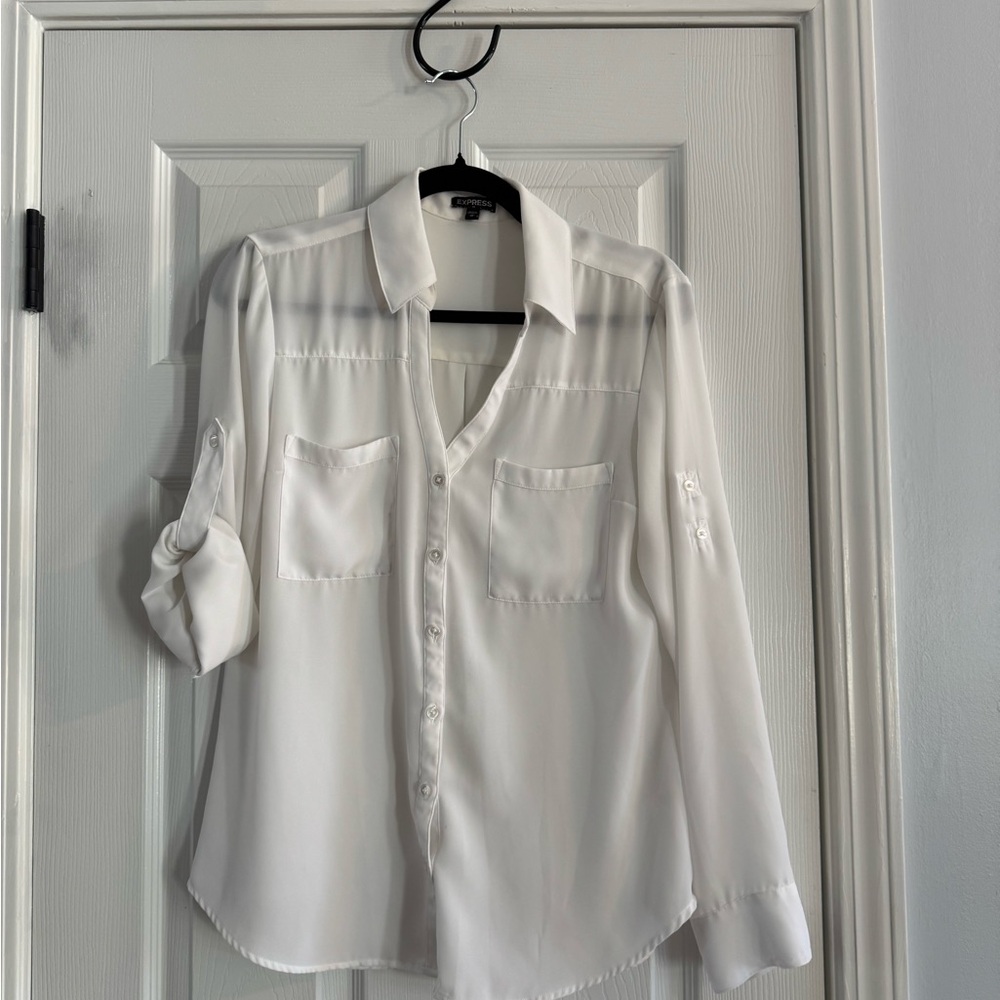 Express White Button-Front Shirt with Chest Pockets